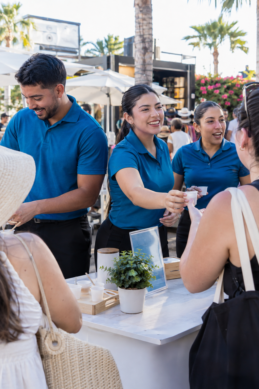 Equipo de promotores realizando una activación de marca en Los Cabos